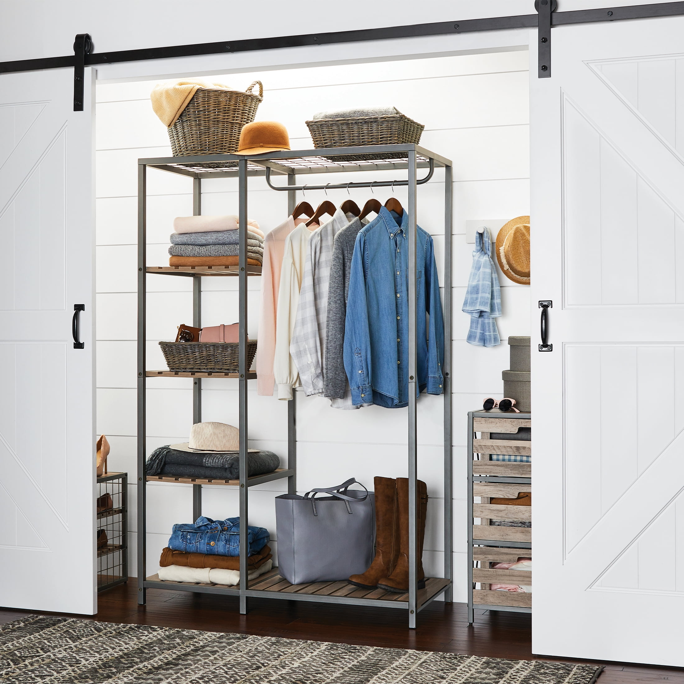 Better Homes & Gardens Farmhouse Gray Wood and Metal Garment Clothes Rack
