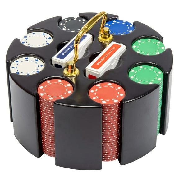 Playzaic 11.5g Suited Poker Chip Carousel Set with 200 Chips and 2 Decks of Cards, Wood Spinning Case