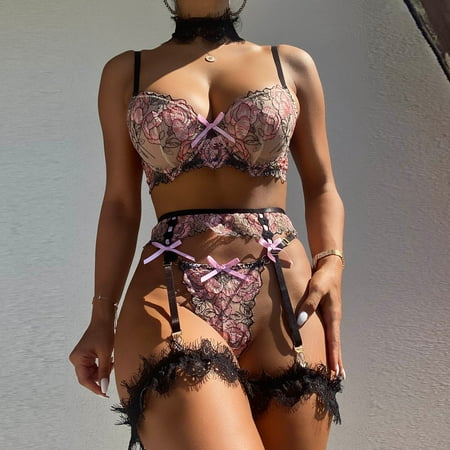

TIANEK High Waisted Lingerie for Women Fashion Sexy Lingerie Corset Lace Floral Bralette Bra Three Piece Underwear Tops+Briefs+Belt Suit Clearance