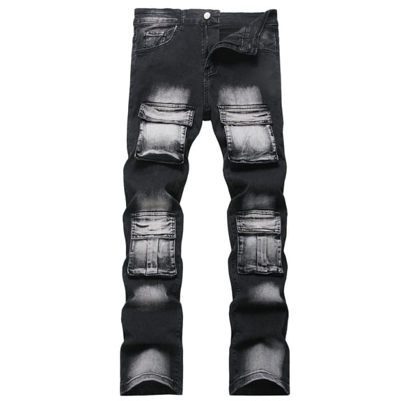 Reppunk Men's Vintage Gradient Black Multi-Pocket Cargo Stacked Flare Jeans, Two-Tone Washed Utility Slim Bootcut Denim Pants, Streetwear Business Casual Daily Commute Trousers