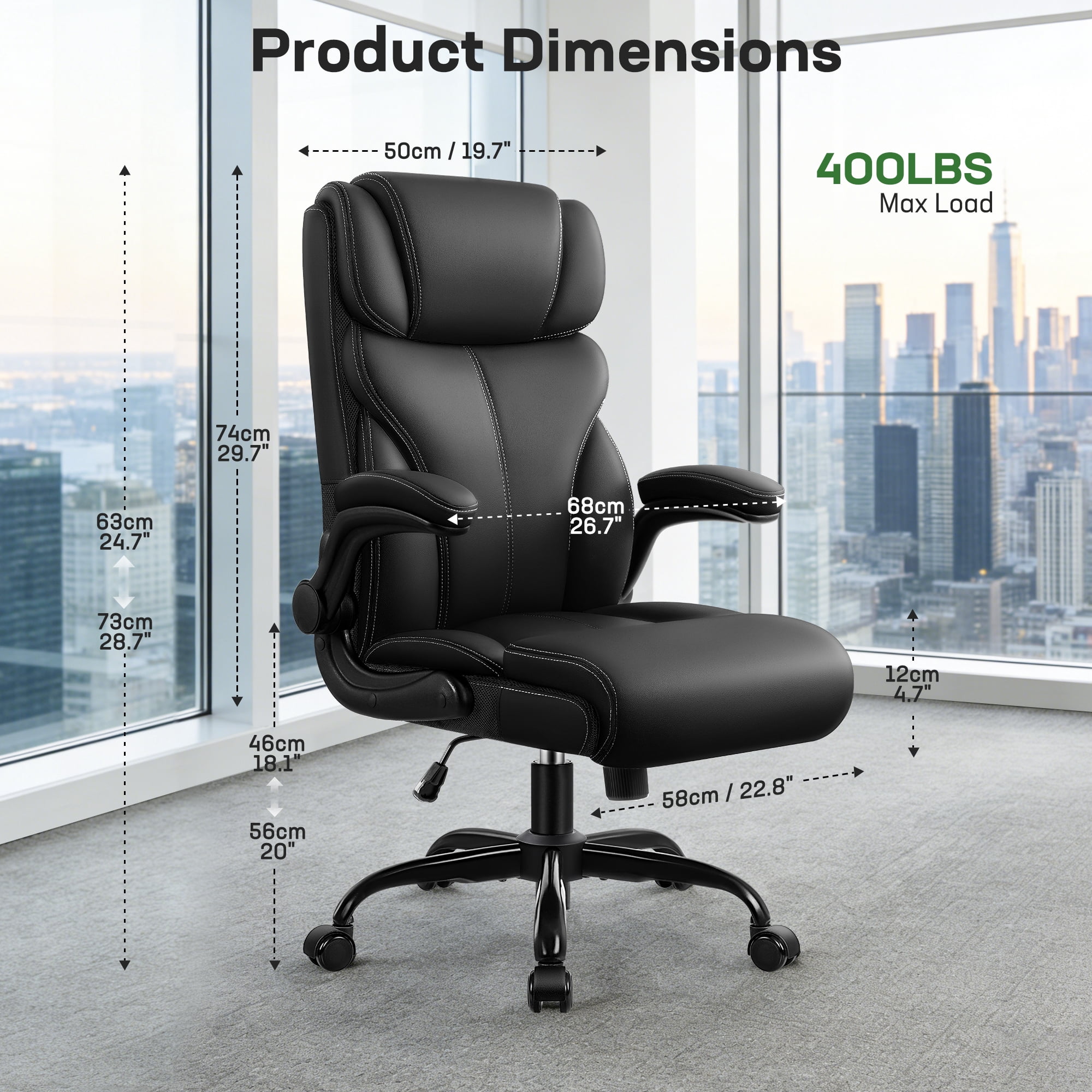 ATHOPE Leather Office Chair, Big and Tall Office Chair with Lumbar Support, High Back Executive Desk Chairs with Flip-up Armrest, Breathable PU Ergonomic Computer Chair, 360°Swivel Free, Black