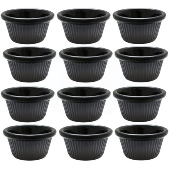 Truecraftware – Set of 12- Fluted Ramekin 2 oz. Black Color Melamine - Individual Condiments Ramekins Portion Dipping Sauce