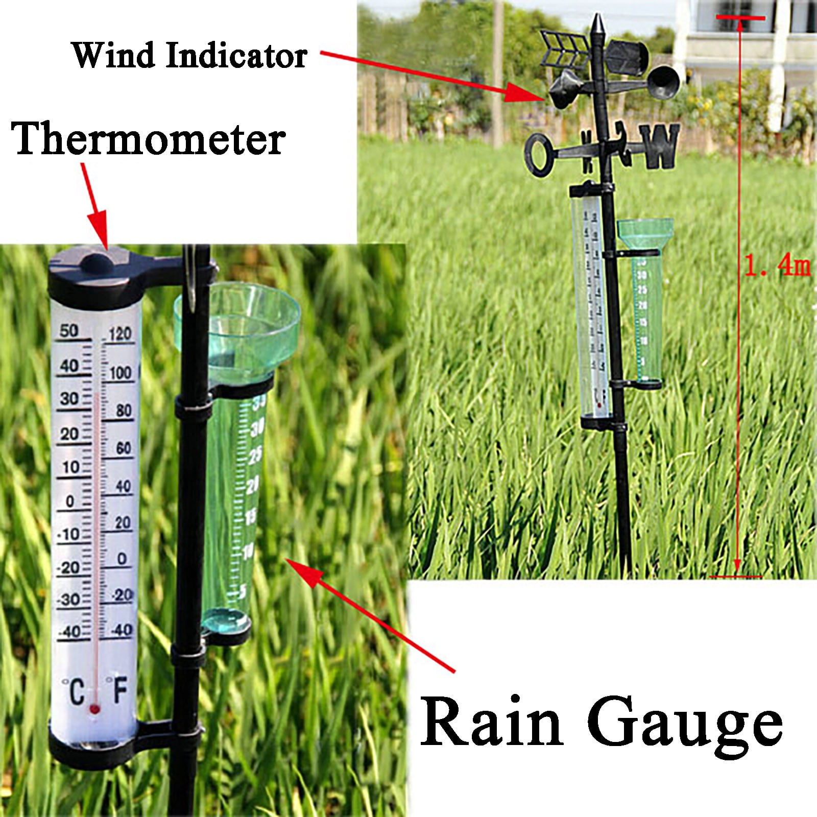 3-in-1 Weather Meter, No-Wire Rain Gauge, Wind Vane Thermometers, Easy Setup Garden Decor, Yard Climate Tracker for Patio Lawn, 55.12in