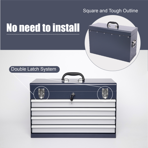 HYCHIKA Heavy Duty Metal Tool Box, 21 Inch, Portable Metal Tool Box with 4 Drawers, Small Tool Box, EVA Lined
