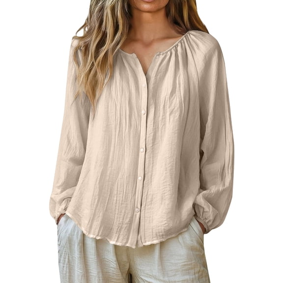 Chuancc Linen Shirts for Women,Casual Loose Fit Blouses Cute Tops Casual Loose Roll Up Work Blouse Tops Long Sleeve Tunics for Women Long Sleeve Tops Boyfriend Dress Shirt Beige L