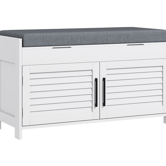 White Shoe Bench with 4 Shelves and Hidden Compartments / Gives Cozy Seating and Organized Shoe Storage