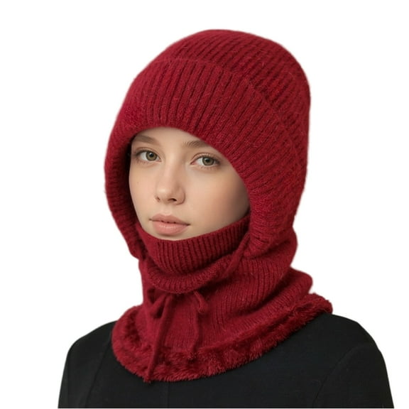 3 in 1 Hat with Scarf and Mask Women Winter 3-in-1 Set Premium Knitted Warm Plush-Lined Adjustable Hood Red Free