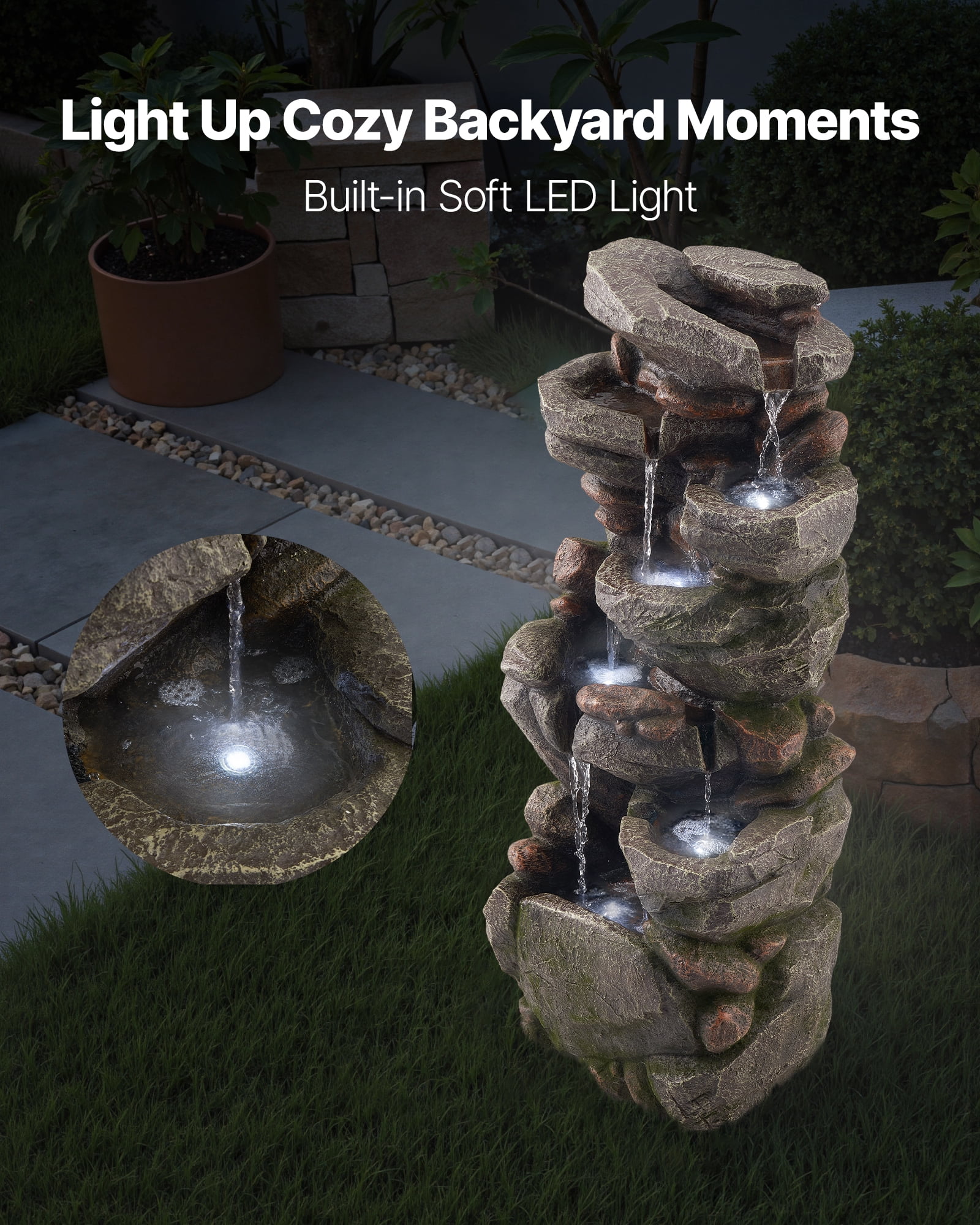 VEVOR Outdoor Water Fountain, 38.98 in Height Fountain and Waterfall, 7-Tier Floor Standing Rock-Shaped Cascading Fountains with LED Light and Pump, for Outdoor Indoor Garden, Home, Patio & Backyard