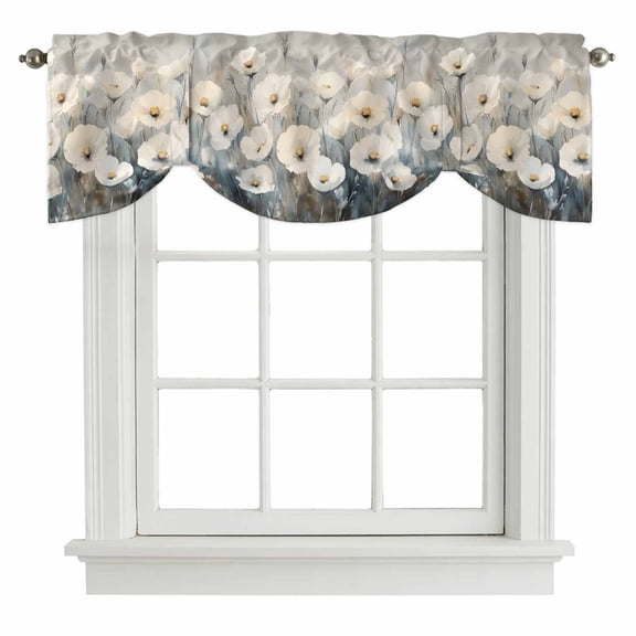 White Spring Floral Tie Up Valance Curtains for Windows, Kitchen Curtains Window Treatments, Modern Oil Painting Farmhouse Flower Short Window Shades Valances for Bedroom Bathroom Cafe 42"x12"