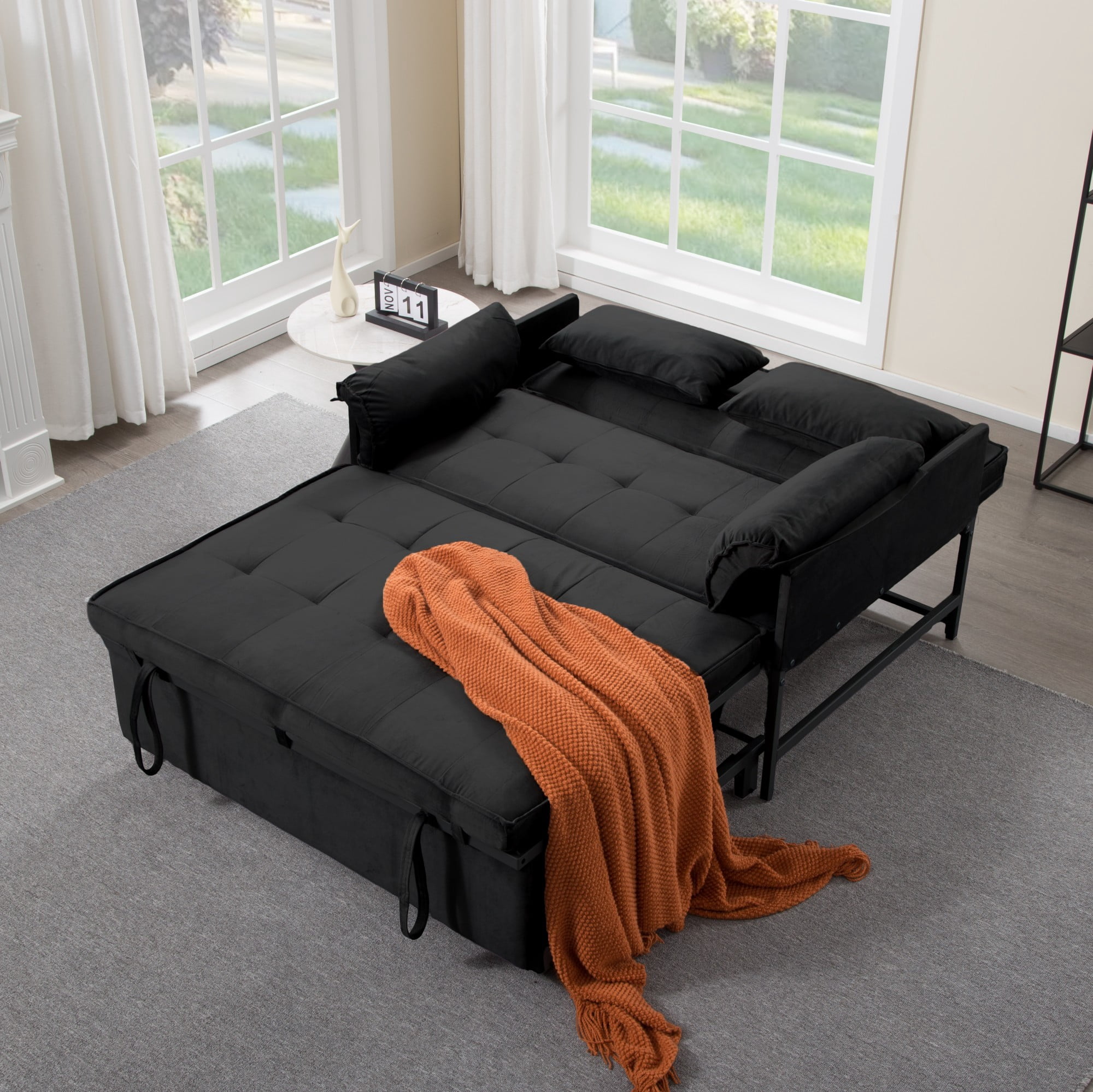 AENKYO 46" Velvet Pull-out Sleeper Sofa Bed, Convertible Reclining Loveseat with 2 Pillows for Small Spaces, Black