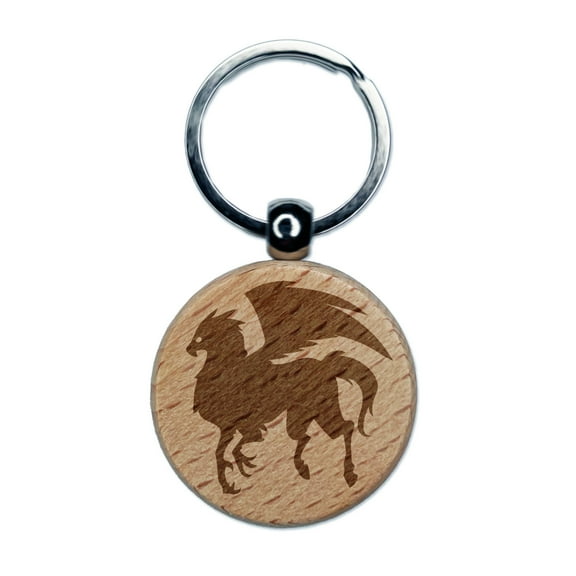 Regal Hippogriff Fantasy Silhouette Round Keychain Charm Tag - Engraved Wood