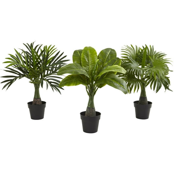 Nearly Natural 16" Green Areca, Fountain and Banana Palm Plastic Artificial Plants, Set of 3