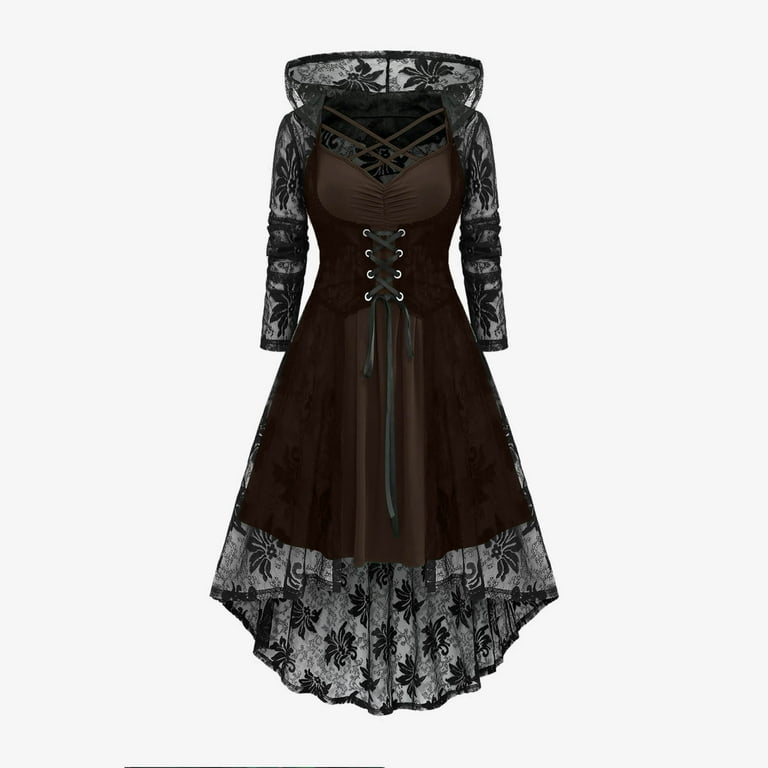 QATAINLAV Women's Gothic Hooded Dresses Lace-Up Front Long Sleeve Flowy Hem  Midi Dress Ladies Halloween Witch Costumes, Coffee, L - Walmart.com