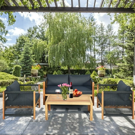 Gymax 4pcs Acacia Wood Outdoor Patio Furniture Set Cushioned Sofa W Nylon Rope Armrest Canada - Wood Outdoor Deck Furniture Gymax 4pcs Acacia Wood Outdoor Patio Furniture Set Cushioned Sofa W Nylon Rope Armrest Canada - Wood Outdoor Deck Furniture