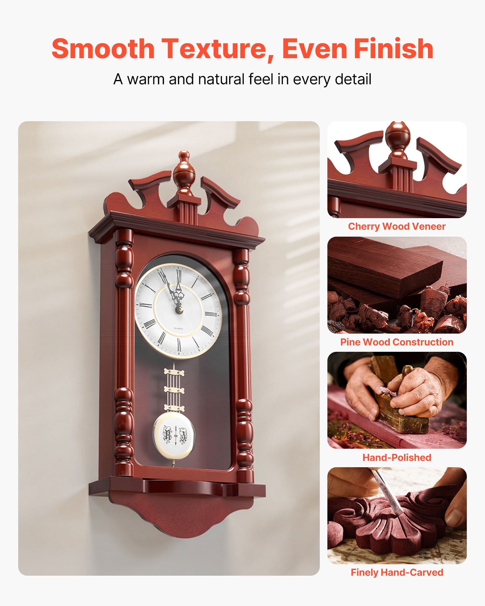 VEVOR Grandfather Clock, 23.2 in Classic Vintage Pendulum Clock, Pine Wood & MDF Wall Clocks with Quartz Movement and Quiet Design, for Living Room, Bedroom, Home Decor & Gift (Cherry Tone Finish)