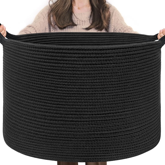 Cesta de lavandería INDRESSME, cuerda grande de algodón tejida de 55 L, negra