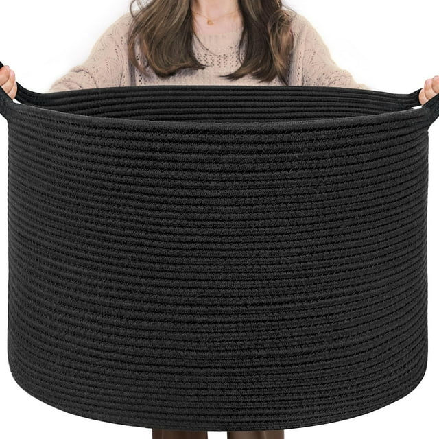 Cesta de lavandería INDRESSME, cuerda grande de algodón tejida de 55 L, negra