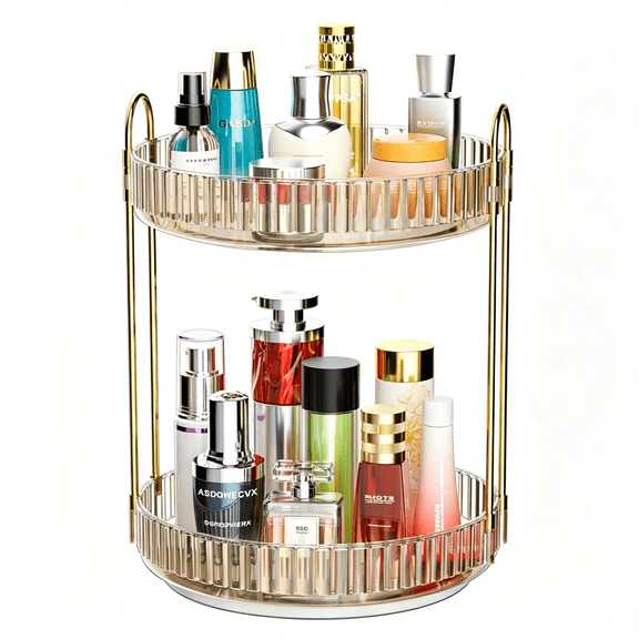 XIBUFE 360°Rotating Makeup Organizer,2 Tier Bathroom Counter Organizer,Large Capacity Perfume Cosmetics Skincare Vanity Organizers,Dresser Spinning Countertop Organizer and Storage for Women(Gold)