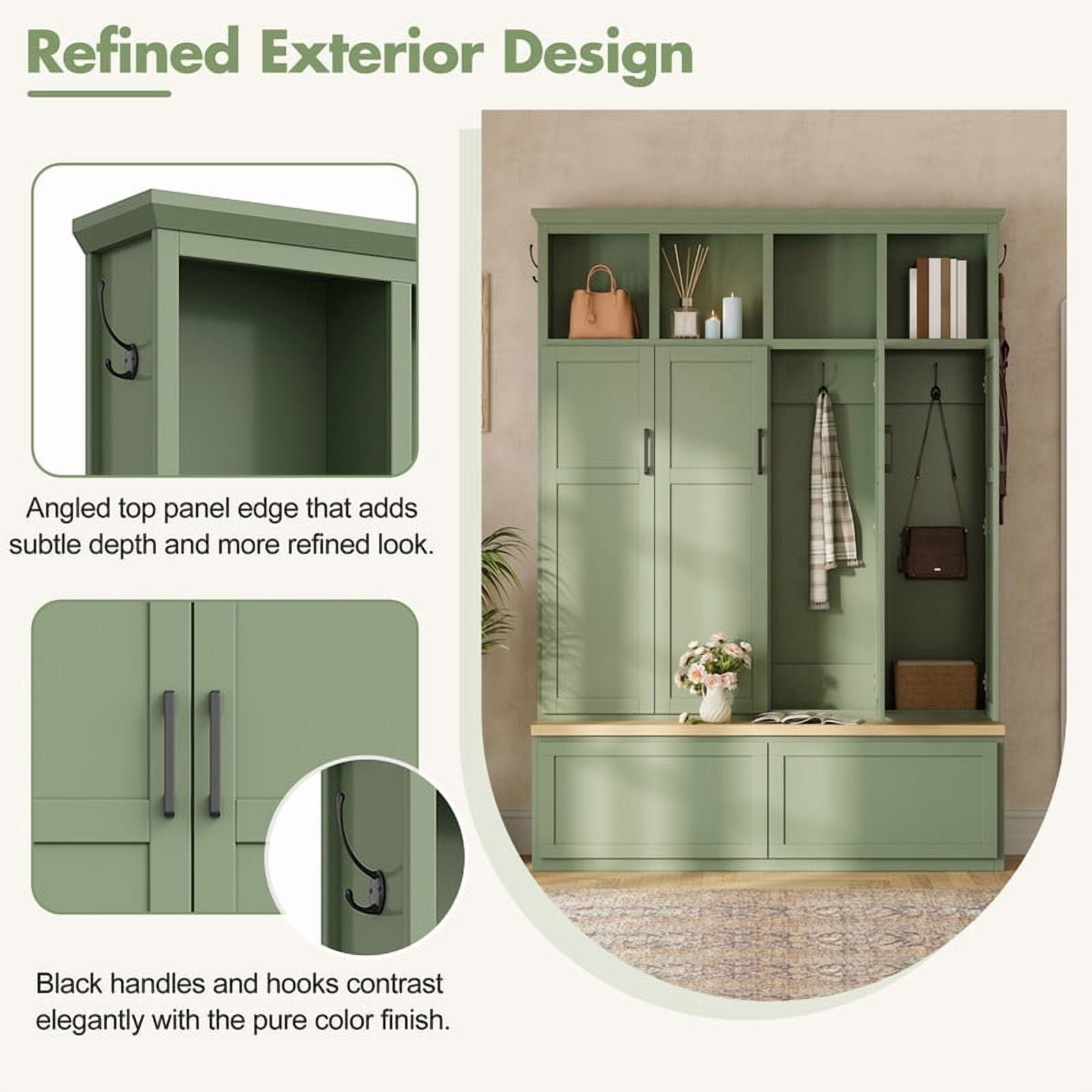 Farmhouse Hall Tree w/ 4 Cabinets w/ Door, Mudroom Coat Rack w/ Open Shelves, Entryway Storage Shoe Bench w/ 2 Drawers & 6 Hooks