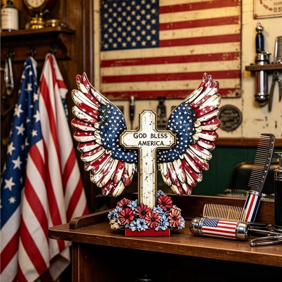 erdimoy 6" Patriotic "God Bless America" Cross Tabletop Decor, American Flag Angel Wings Wooden Centerpiece for 4th of July, Independence Day