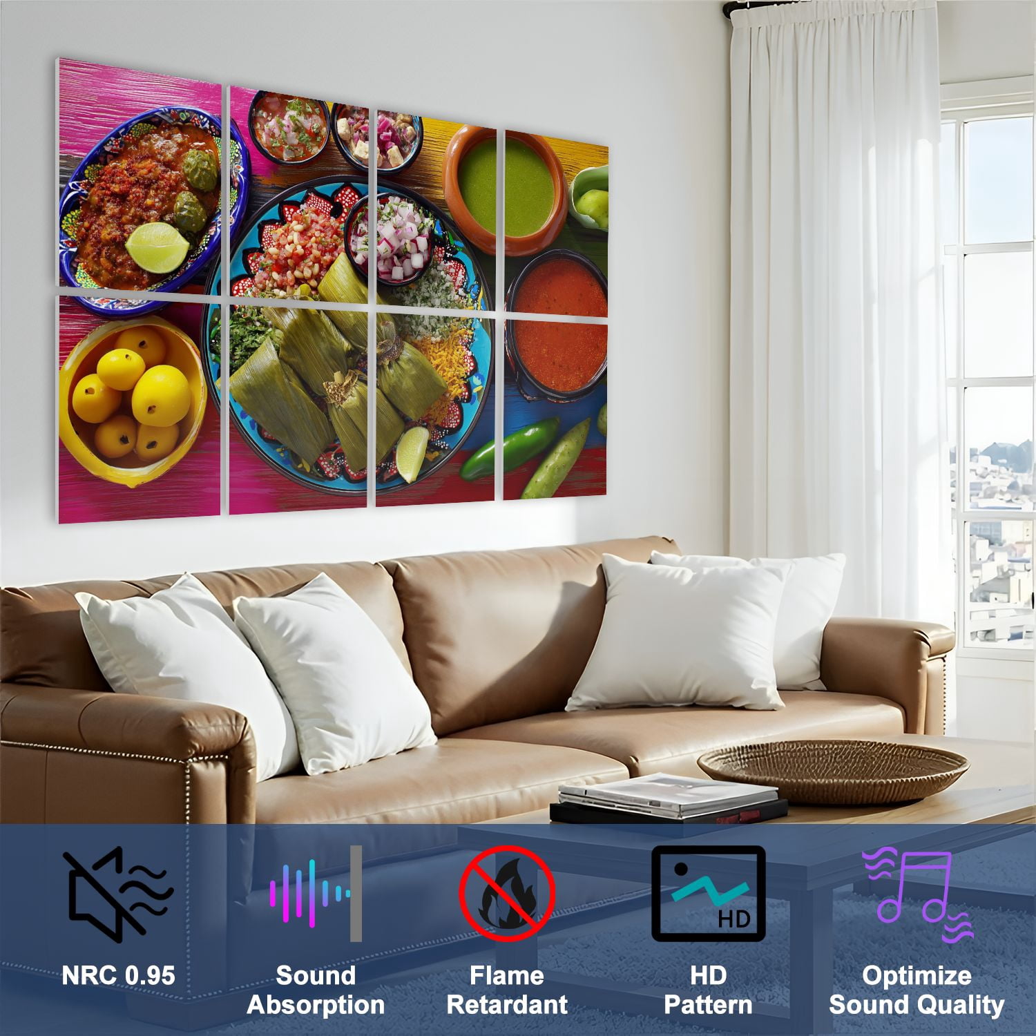 8 Pack Art Acoustic Panels Sound Absorbing mexican food mix sauces nopal tamale prickly pears Decorative Soundproof Wall Panels Self Adhesive for Nursery Game Room Bedroom 48"x32"
