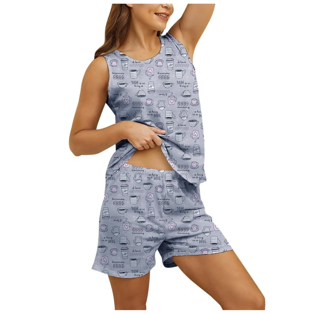 Fgnfyis Ensemble de Pyjama d'Été à la Mode pour Femmes, Col Rond, Short Imprimé, Gilet, Pantalon de Pyjama, Ensemble de Pyjama Gris m
