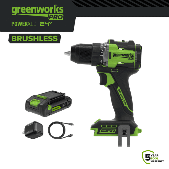 Greenworks Pro 24V Brushless 1/2" 530 in-lb Drill Driver, 2.0Ah USB-C Battery, 30W Charger and Cable, PowerAll, DD560A1