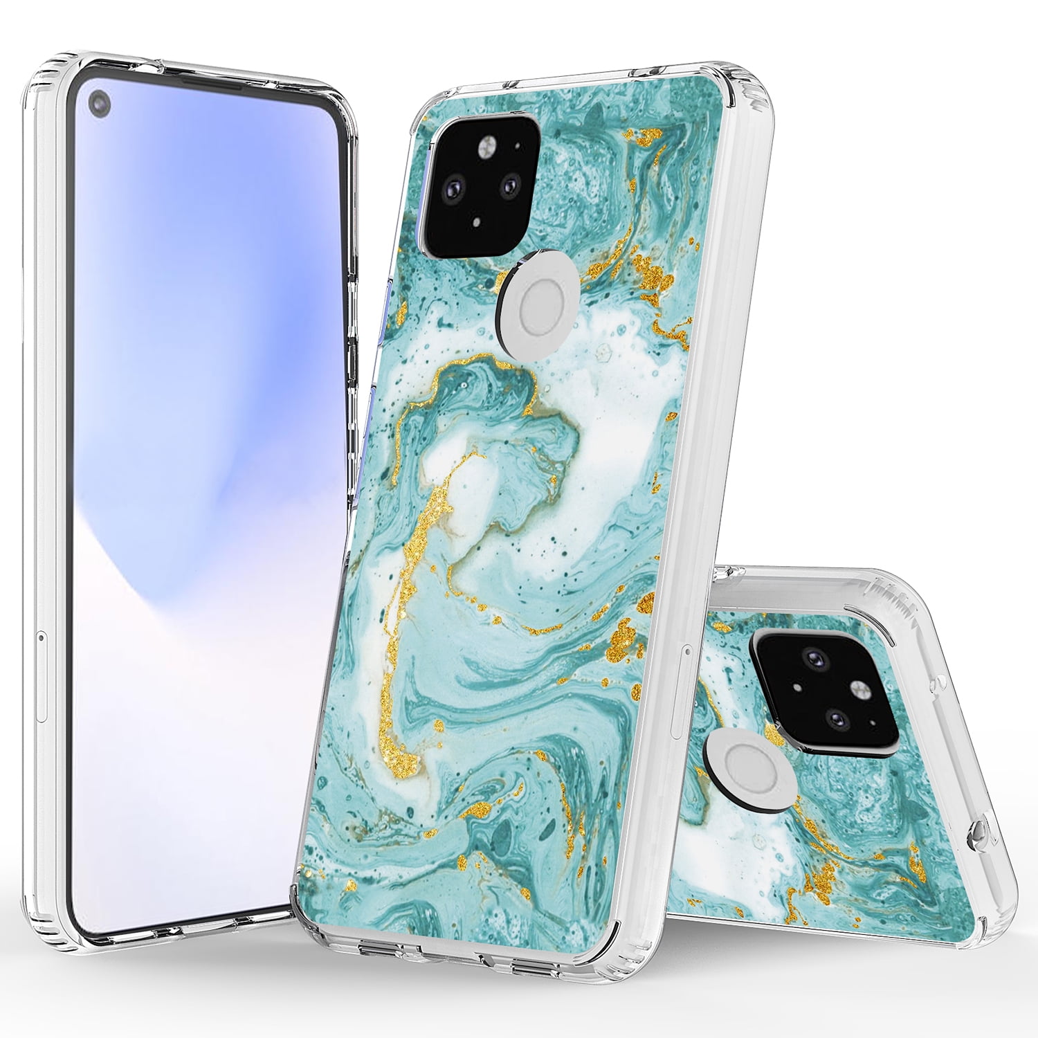 Google Pixel 5 Case, Rosebono Bling Glitter Sparkle Laser Green Marble Graphic Fashion Cute