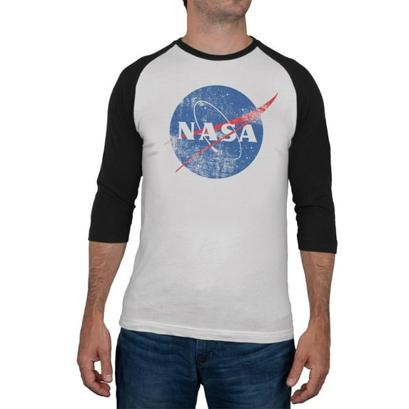 NASA Distressed Logo Mens Raglan T Shirt White-Black 2XL
