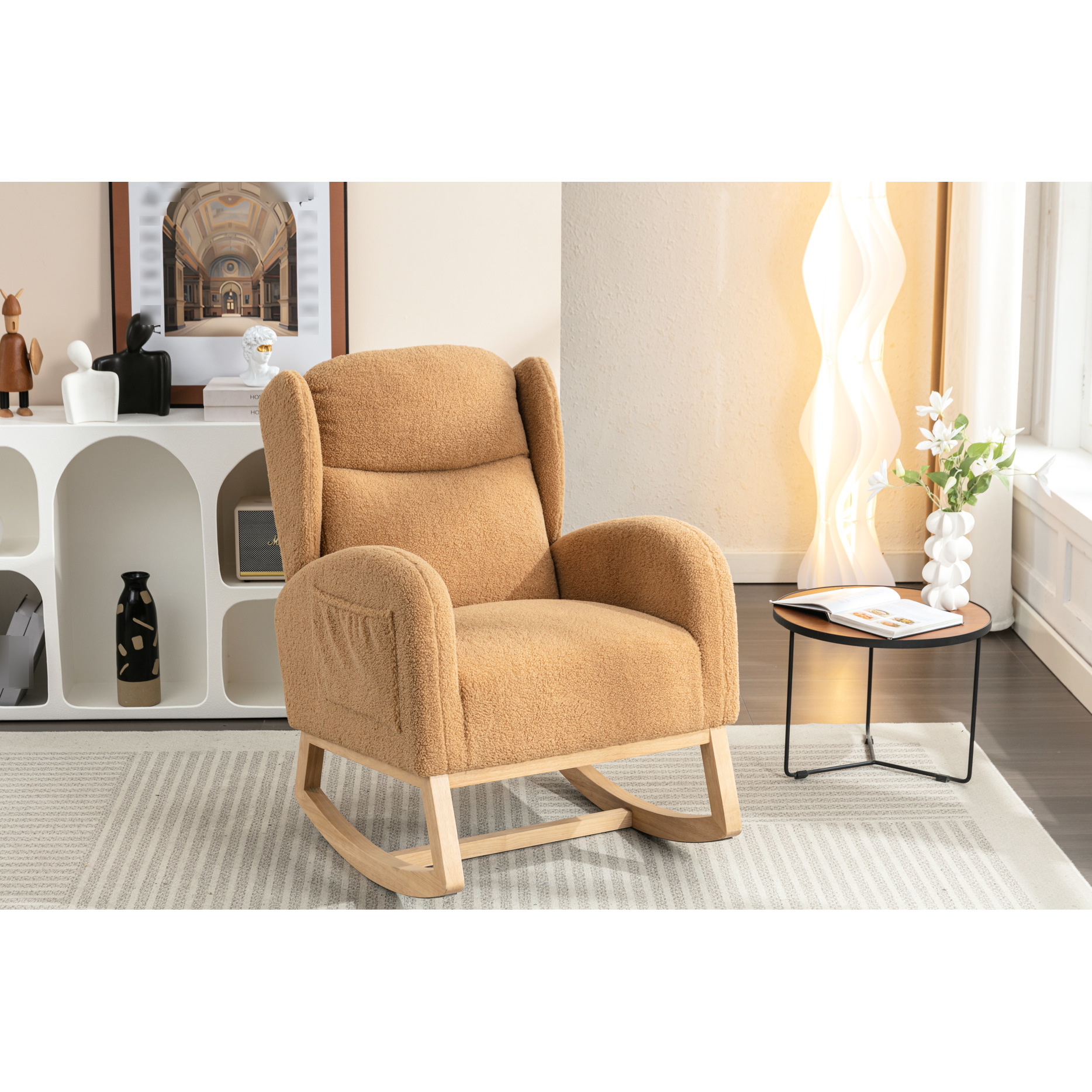 Modern Khaki Rocking Chair With Fabric, 38" D X 28" W 40" H, Sponge & Cotton Filling Color 38"d 28"w 40"h, Wipe Clean