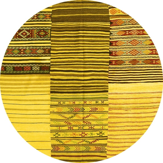 Ahgly Company Machine Washable Indoor Round Patchwork Yellow Transitional Area Rugs, 4' Round