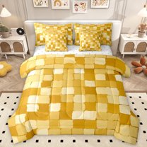 Homewish Adult Stripe Abstract Bedding Comforter Set 7 Pieces, Modern Fashion Buffalo Full Bedding Set, Yellow Square Rectangle Reversible Fitted Sheet Flat Sheet, Ultra Soft Bedroom Decor