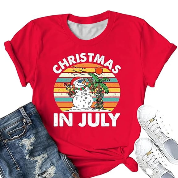 Womens Tshirts Casual Loose Round Neck Printed Top Christmas In July Womens Tees Red L