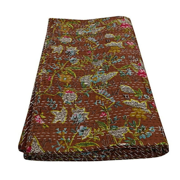 Indian Kantha Quilt Block Printed Kantha Blanket Cotton Kantha Bedspread Kantha Coverlet Throw king Size Kantha Bedcover 90x108