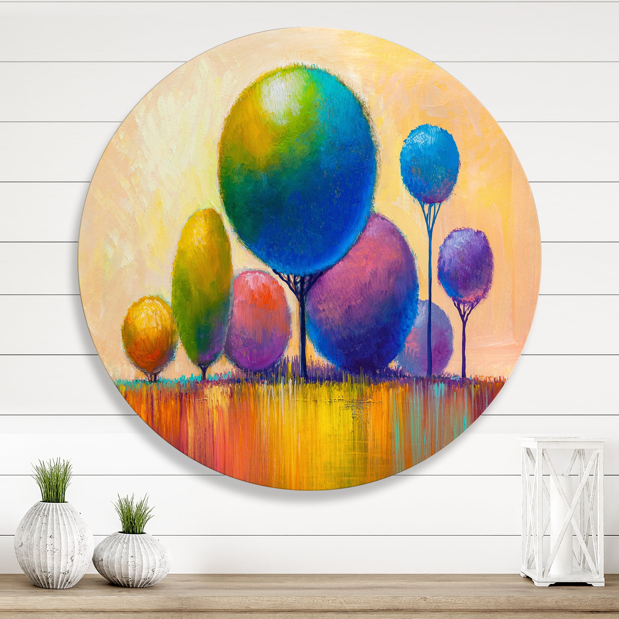 Designart 'Ornamental Colourful Trees VIII' Modern Circle Metal Wall Art 11x11 - Disc of 11