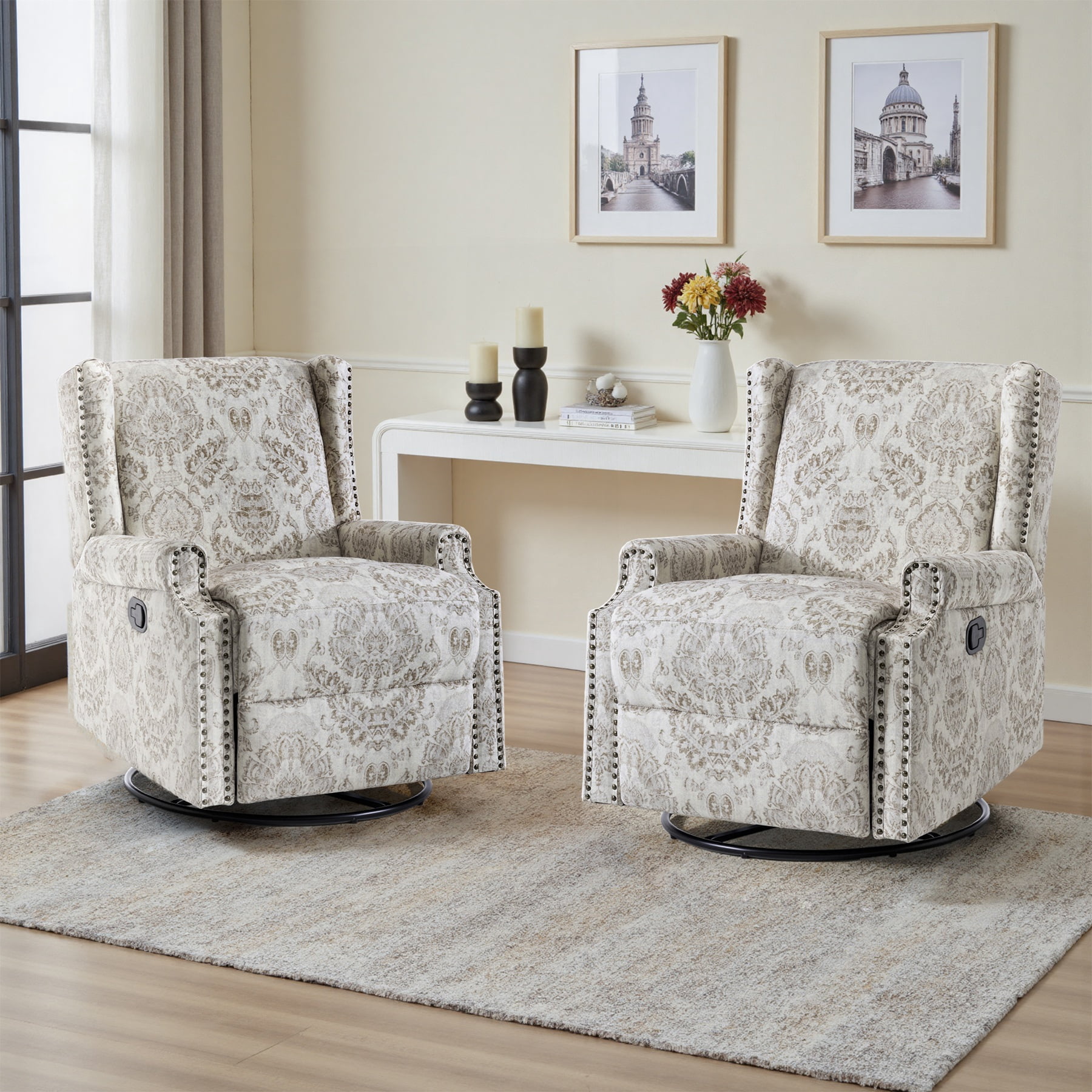 UIXE Swivel Rocker Manual Recliner Chairs Set of 2, Wingback Swivel Glider Fabric Nursery Reclining Sofa Chair, High Back Upholstered Arm Chair for Living Room Bedroom, Beige