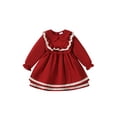 thumbnail image 2 of Elippeo Girls Christmas Dress 3Y 4Y 5Y 6Y 7Y Kids Lace Trim Long Sleeve Pan Collar Mini Dress Cute Round Neck Ruched Dress, 2 of 10