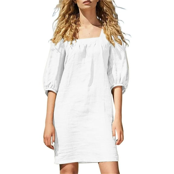 Dresses for Women, Women's Square Collar Cotton Linen Dress Five Point Sleeve Puffed Sleeve Casual Dress Beach Dress for Women