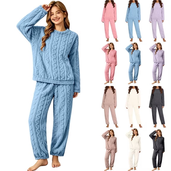 Bovxnpu Pajamas Set for Women Loungewear Set, Women Pajamas Set 2 Piece Lounge Sets Long Sleeve Solid Color Thick Fleece Warm Fleece Fall Winter Matching Outfits Set
