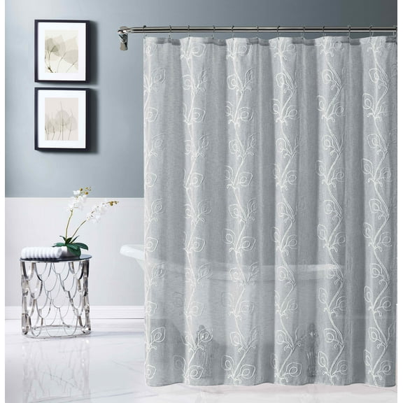 Dainty Home Stella 3D Floral Chenille Embroidered Solid Sheer 70 x 72 Shower Curtain in Silver