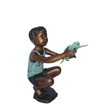 Young boy holding a frog bronze statue fountain - Size: 18