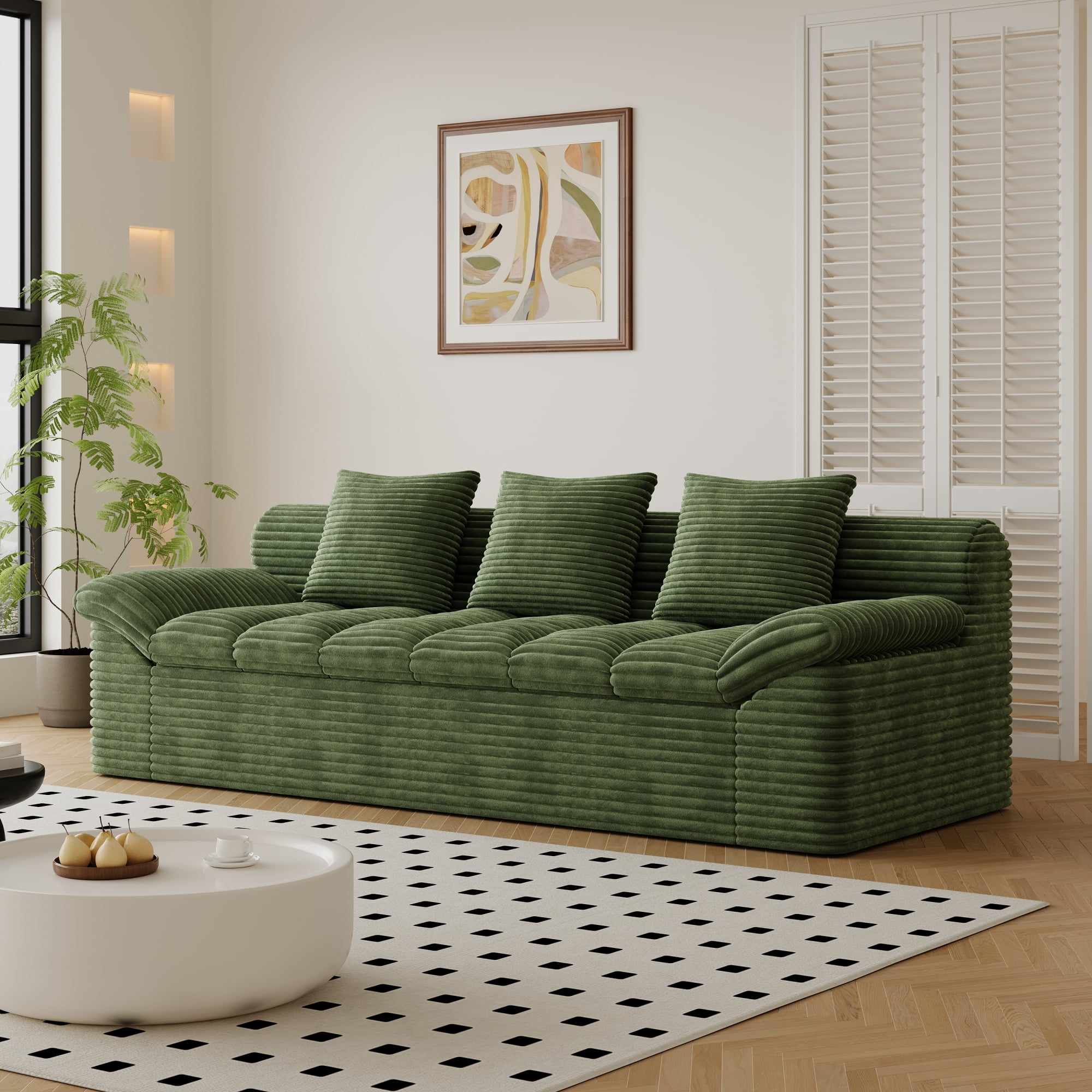 Leumius 3 Seater Boneless Couch for Living Room, Upholstered Corduroy Fabric Loveseat Couch with Deep Seats,Cloud Sofa for Living Room,No Assembly Required,Antique Green