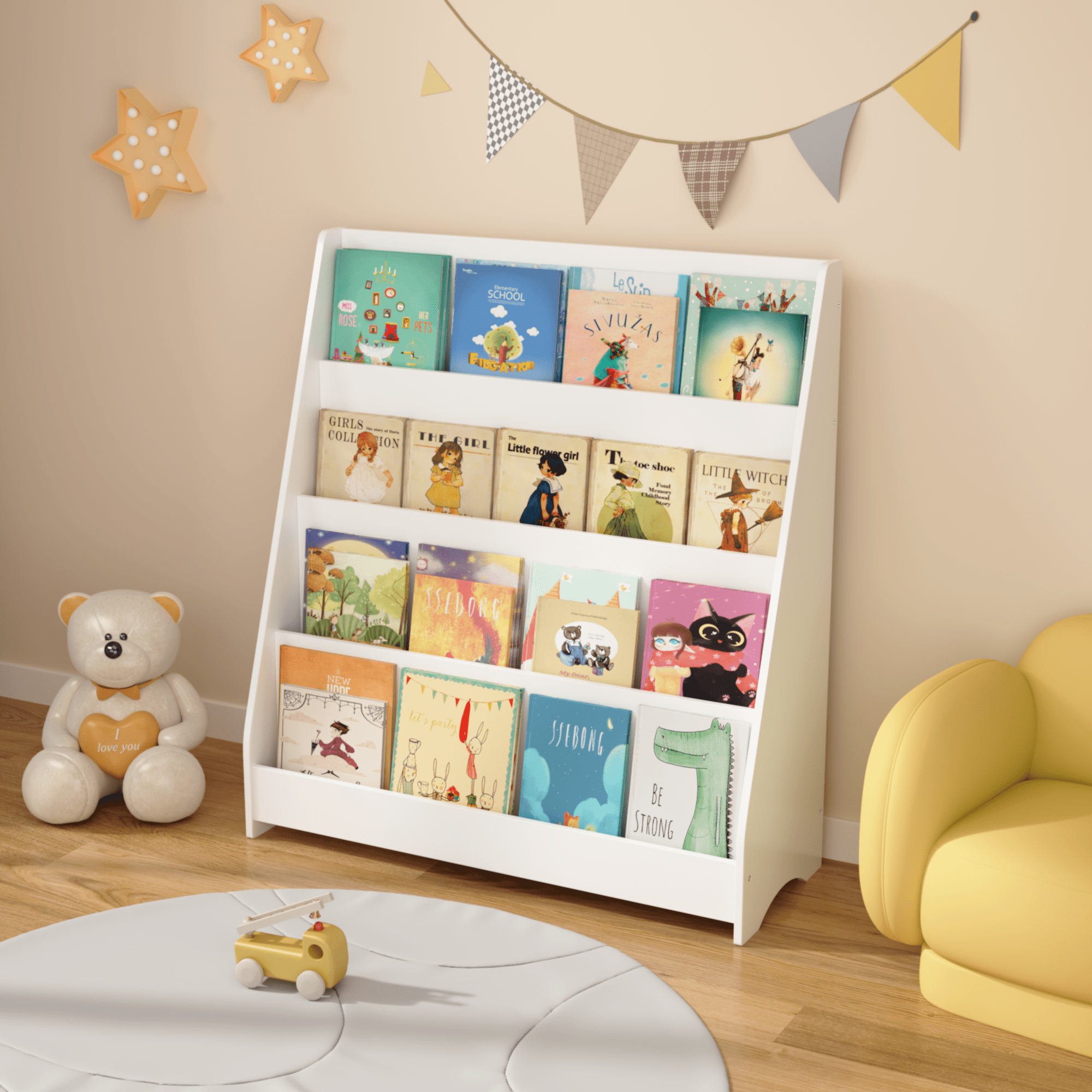 Toddler Bed Baby Furniture, 4-Tier Kids Bookshelf, Toddler Book Display Shelves, Helps Keep Bedrooms, Playrooms, and Classrooms Organized,White, White Kids Furniture,Mdf Kids Furniture