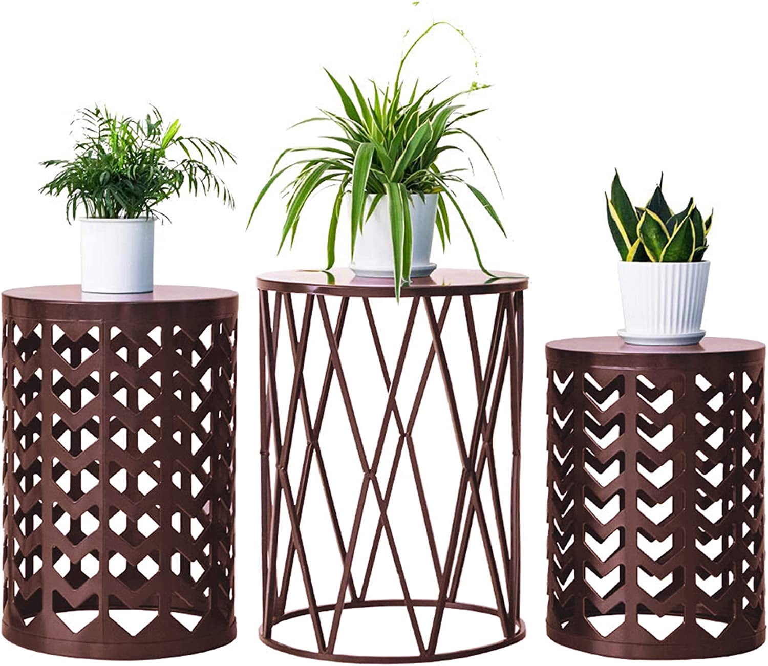 Y&M Set of 3 Round Heavy-Duty Side Table End Table, Coffee Table for Indoor Multifunctional Use, Outdoor Garden Stool Plant Stand-Pure Brown