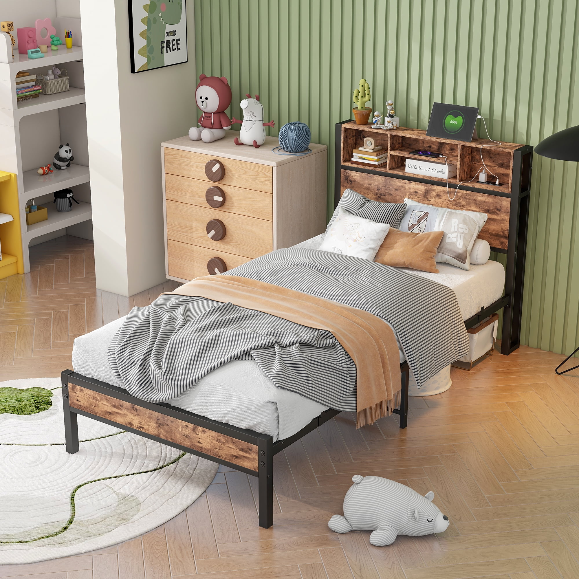 Twin Size Metal Platform Bed Frame with Storage Headboard - Charging Station, Bookcase, No Box Spring Needed