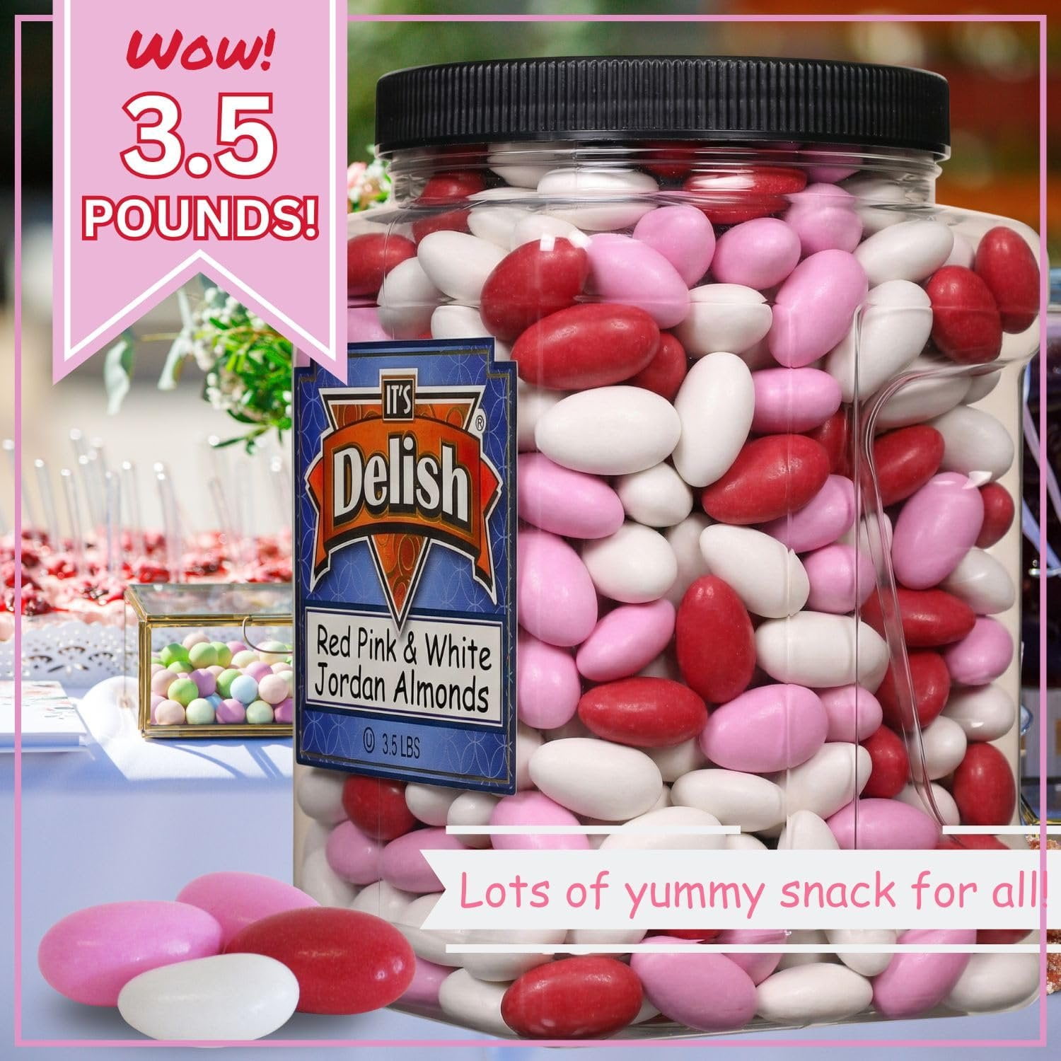 Red Pink & White Jordan Almonds Mix by It's Delish, 3.5 LBS Jumbo Container  Valentines and Mothers Day Girl Theme Bulk Party Favors Almond Nut Coated in Sweet Hard Candy Shell - Vegan & Kosher