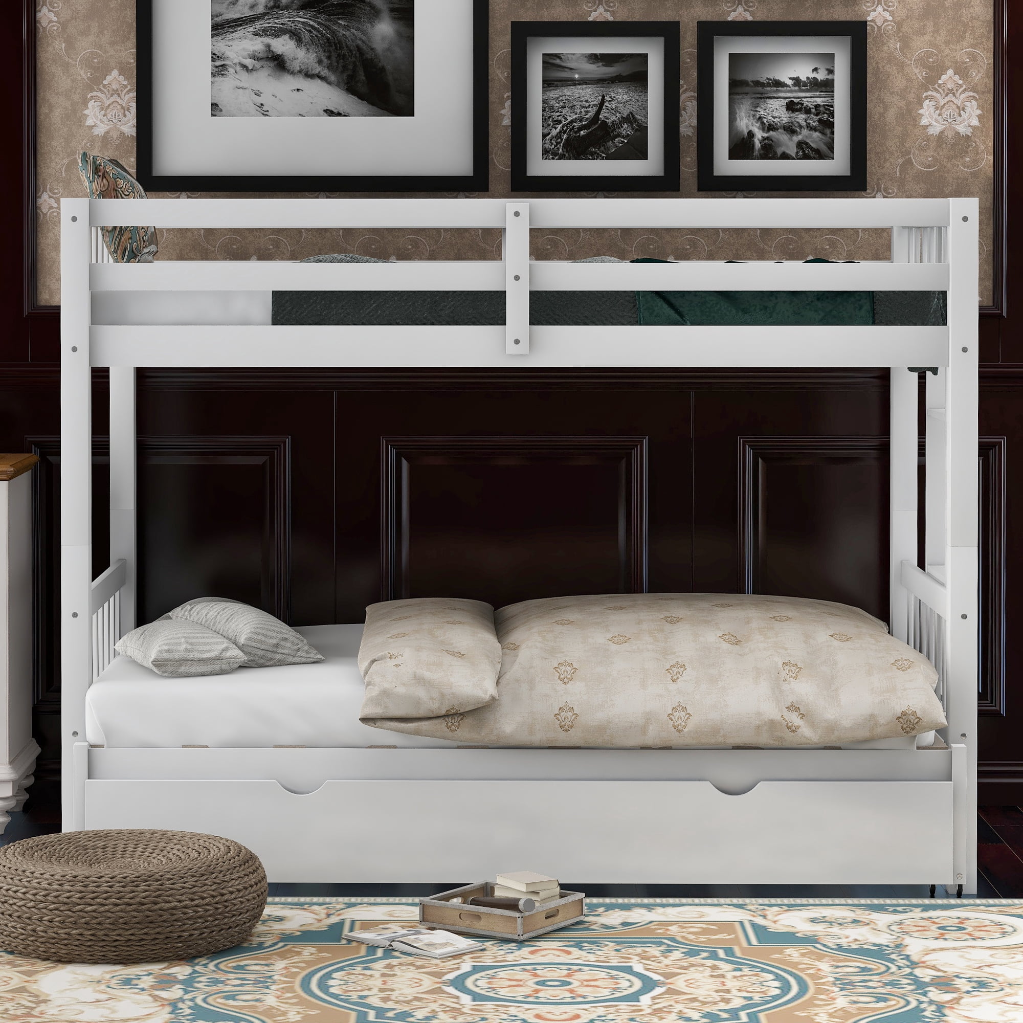Euroco Wood Twin over Twin/King Bunk Bed with Trundle for Kids Teens, White