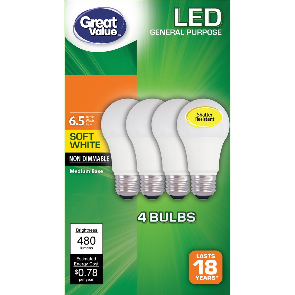 Great Value LED Light Bulb, 6.5 Watts (40W Equivalent) A19 General