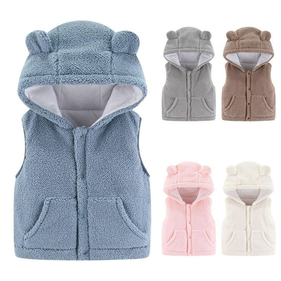 Toddler Baby Boys Girls Fleece Vest with Bear Ear Button Sleeveless Coat Jacket Kids Fall Winter Hooded Outerwear With Pocket
