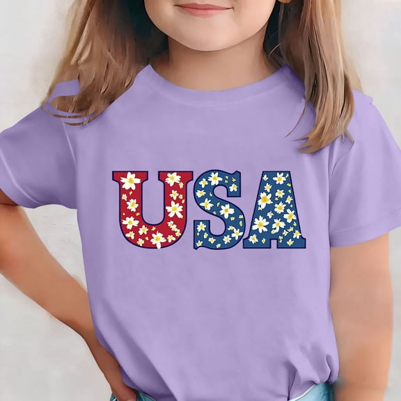 SGFCWSX Girls T-Shirts 4th of July Short Sleeve Patriotic USA American Flag Print Graphic Tees Purple Size 12-13 Years